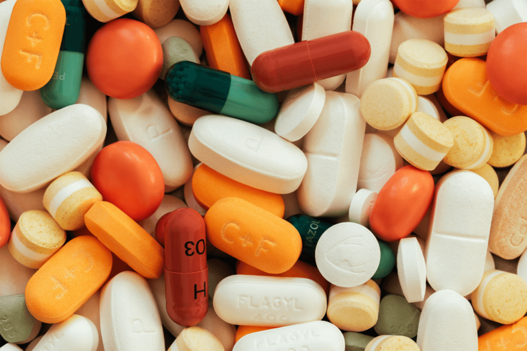Various types of prescription medications commonly used to treat anxiety, intrusive thoughts, and overthinking, displayed on a neutral background