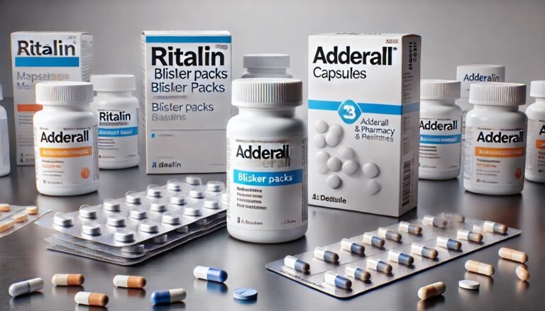 Ritalin and Adderall medication capsules side by side on a silver background.