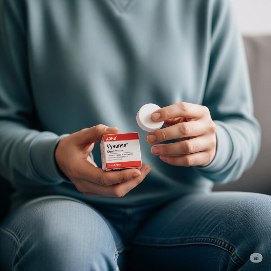 Man holding a Vyvanse medication pack, symbolizing private ADHD treatment options
