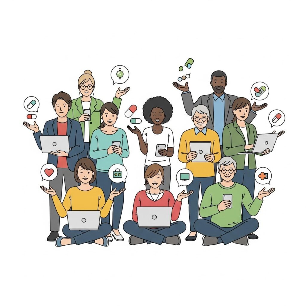 A diverse group of smiling people of various ages and ethnicities happily using laptops, tablets, and smartphones, with small stylized medical and pill icons appearing near their devices. The image has a clean, professional, and accessible feel, emphasizing user satisfaction with online pharmacy services.