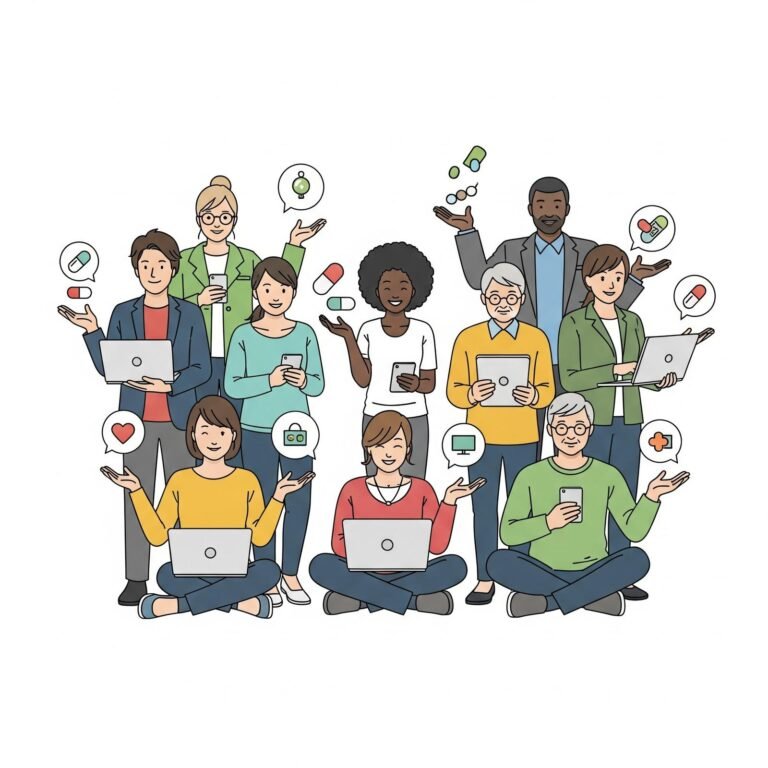 A diverse group of smiling people of various ages and ethnicities happily using laptops, tablets, and smartphones, with small stylized medical and pill icons appearing near their devices. The image has a clean, professional, and accessible feel, emphasizing user satisfaction with online pharmacy services.