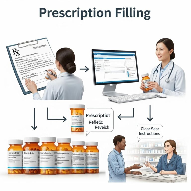 A sequential graphic illustrating the prescription filling process, beginning with a doctor's handwritten prescription, moving to a pharmacist entering data on a computer, then showing neatly arranged medication bottles being prepared, a pharmacist performing a final review, and concluding with a patient happily receiving their medication from pharmacy staff.