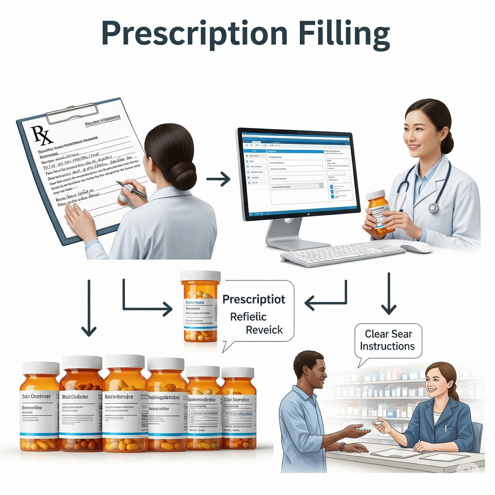 A sequential graphic illustrating the prescription filling process, beginning with a doctor's handwritten prescription, moving to a pharmacist entering data on a computer, then showing neatly arranged medication bottles being prepared, a pharmacist performing a final review, and concluding with a patient happily receiving their medication from pharmacy staff.